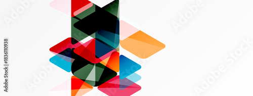 Abstract composition featuring overlapping colorful rectangles, squares, triangles. Minimalist design with white background, modern aesthetic.
