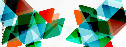 Abstract geometric shapes overlap, creating vibrant color patterns. Triangles dominate composition, suggesting movement, energy.