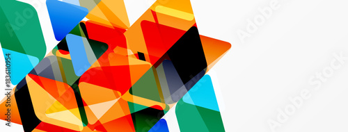 Abstract geometric shapes overlap, creating vibrant color blocks. Composition features orange, red, green, blue hues against white space.