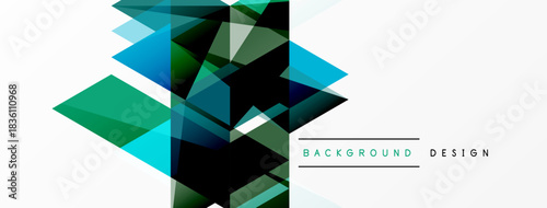 Abstract geometric shapes overlap, creating dynamic visual effect. Blue, green hues dominate design with white space. Modern aesthetic.