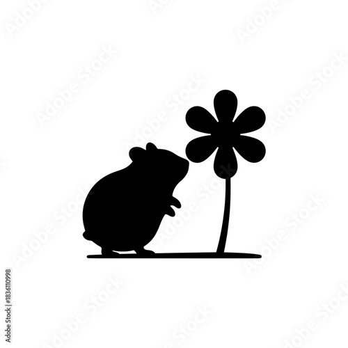 Hamster silhouette sniffing a flower minimal design in black and white