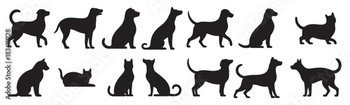 collection of black dog and cat silhouettes in various poses 