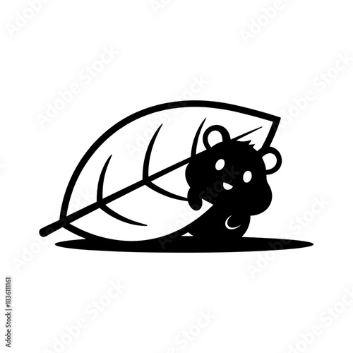 Hamster silhouette leaning out from behind a giant minimal leaf peek pose
