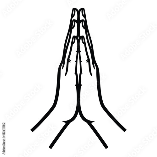 A simple black and white line drawing of two hands pressed together in prayer or greeting.