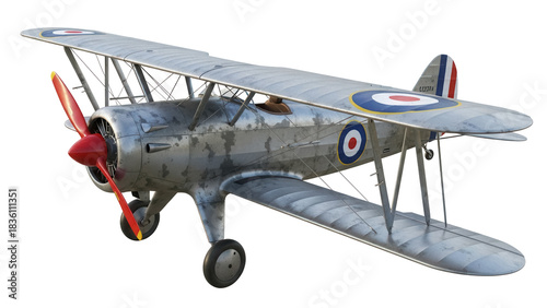 Foto Vintage biplane PNG isolated on transparent background, silver aircraft with red