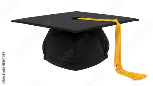 Black graduation cap PNG isolated on transparent background, academic mortarboard with gold tassel for commencement ceremony