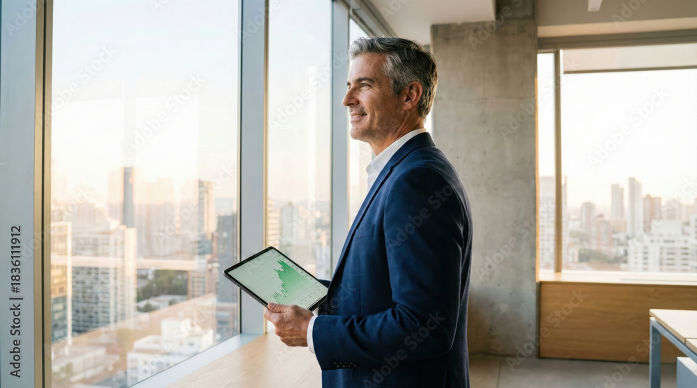 Fototapeta premium Successful mature businessman holding digital tablet with financial growth chart, looking out of office window. CEO with vision, leadership and investment concept