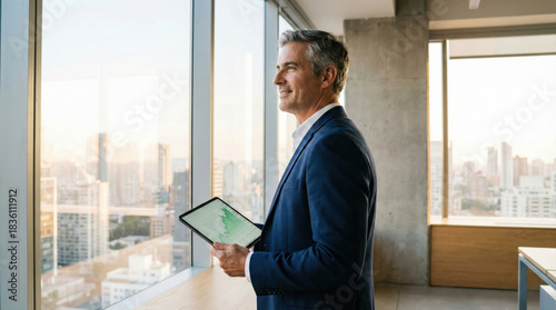 Successful mature businessman holding digital tablet with financial growth chart, looking out of office window. CEO with vision, leadership and investment concept