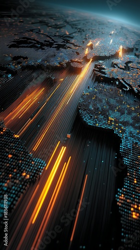 Abstract World Map Grid with Flowing Orange Lines and Glowing Dots, Technological Visualization