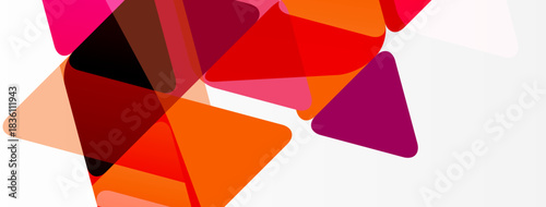 Abstract geometric shapes overlap, creating vibrant color patterns. Red, orange, pink hues dominate composition. Minimalist design.