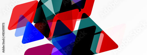 Abstract geometric shapes overlap. Red, blue, teal hues dominate white background. Modern design, dynamic composition.