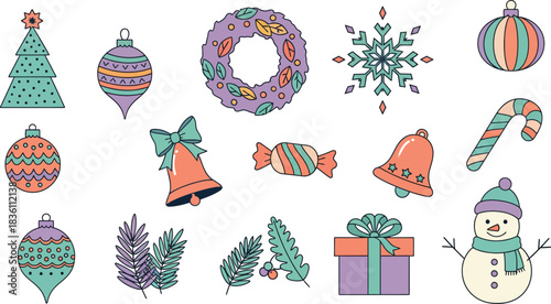 Vector set of cartoon Christmas icons including tree, gift box, snowman, bell, and star decorations for a winter holiday card design