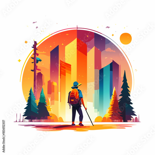Colorful illustration of a hiker with city skyline in the background.