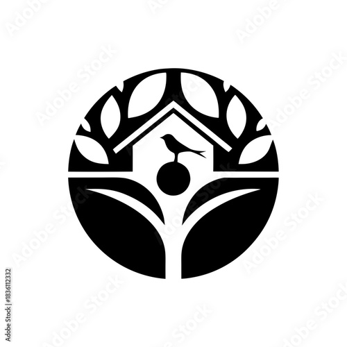 Birdhouse and bird in circular design on transparent background silhouette