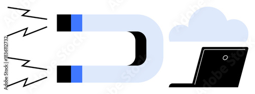 Digital transformation, data storage, cloud computing, technology integration, data transfer, innovation. Magnetic field attracting cloud and laptop icons. Digital transformation and data storage