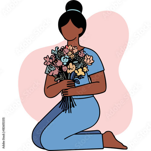 A Woman Kneeling Holding a Large Bouquet of Assorted Pastel Flowers Her Blue Jumpsuit and Bare Feet Are Visible Against a Soft Pink Background