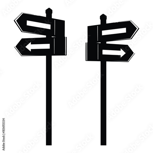 Two silhouette signposts with arrows pointing in opposite directions on white background