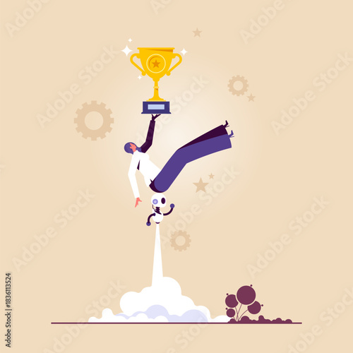 Artificial intelligence supports business success, Robot work with company personnel, AI robot help businesswoman to get winning business trophy, working with robot