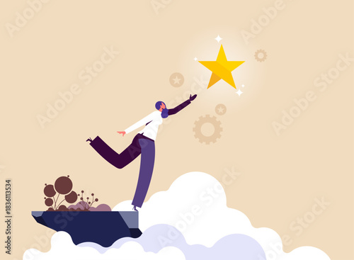Accomplishment or reaching business goal, reward and motivation concept, businesswoman reaching to grab business goal