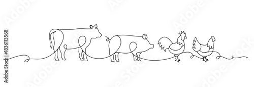 Single continuous line drawing of the Pigs, chickens and geese on the farm. Successful farming minimalism concept. Dynamic one line draw graphic design vector illustration