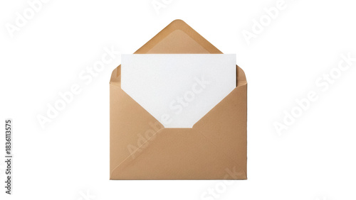 Open brown kraft envelope with blank paper isolated PNG, stationery mockup for invitations and greetings on transparent background