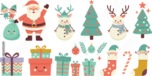 Whimsical christmas characters and festive elements including santa claus elves snowmen decorated trees gift boxes stockings candy canes and ornaments perfect for holiday designs and decorations