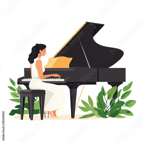 Elegant woman playing grand piano with focused expression and musical passion