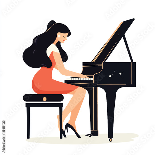 Elegant woman playing piano with focused concentration on musical performance.