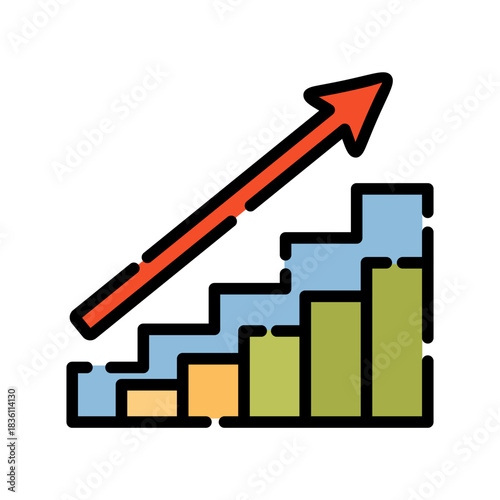 Graph chart filled line color icon. Business Growth With Arrow And Stacked Bars symbol.