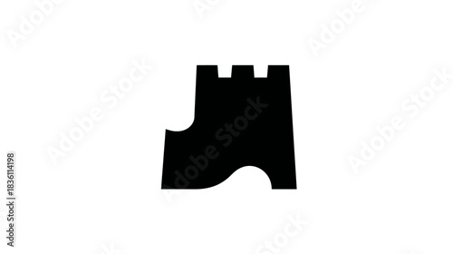Minimalist black silhouette icon of a generic castle tower or fortress battlement, ancient stronghold architecture on white background