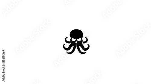 Stylized black silhouette of an octopus with a skull head on a white background, representing danger, power, and marine fantasy.
