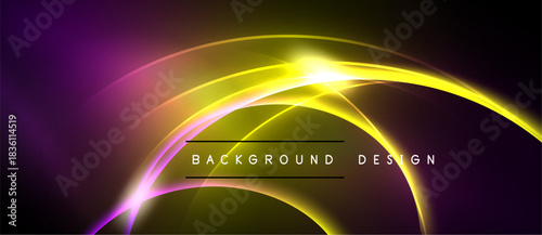 Abstract design features vibrant yellow, purple glows. Circular lines intersect creating bright focal point. Dark background enhances luminosity.