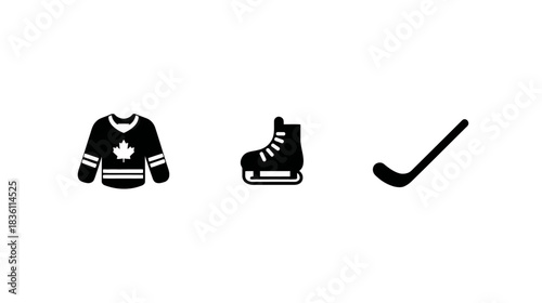 Black vector silhouettes of ice hockey equipment: jersey with generic maple leaf design, ice skate, and stick on white background.