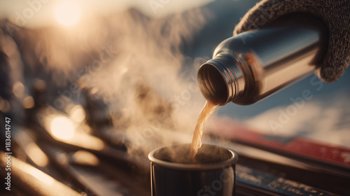 Thermos and gloves: detail  close-up of hot drink pouring
