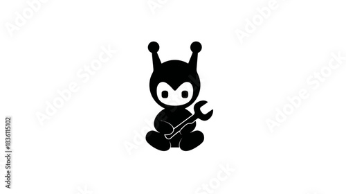Cute black cartoon robot character or bug-like creature holding a wrench, symbolizing repair, service, or mechanics, isolated on white background.