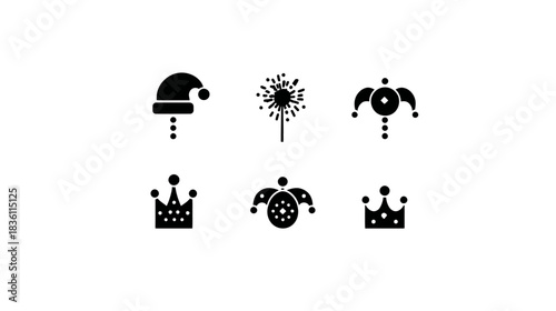 Festive party and carnival celebration icons set with Santa hat, jester hats, crowns, and sparkler symbols