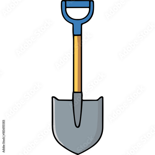 A Flat Design Illustration of a Garden Spade with a Blue D-Handle and Yellow Shaft on a Black Background