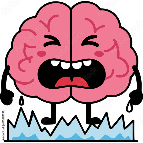 A Pink Cartoon Brain with a Distressed Facial Expression Screaming Above Jagged Blue Lines Against a Black Background Representing Mental Stress or Overload