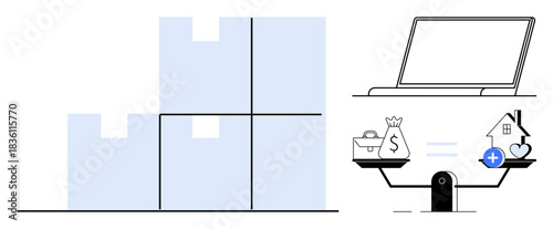 Digital economy concept. Digital economy visualizes balanced finance, assets, and supply chain. Digital economy integrates technology, logistics, and strategic planning. Ideal for tech, finance