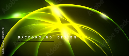 Bright neon curves radiate from central light source. Dark background emphasizes glowing lines, creating dynamic visual effect.