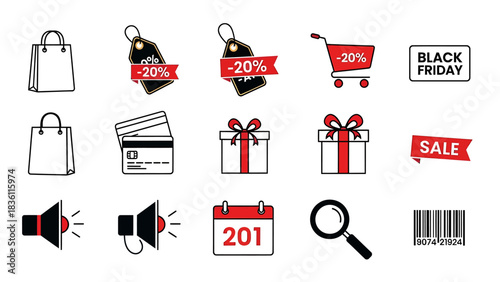 Black Friday Shopping Icons Set Sales, Discounts, Gifts, and Promotions for Commerce