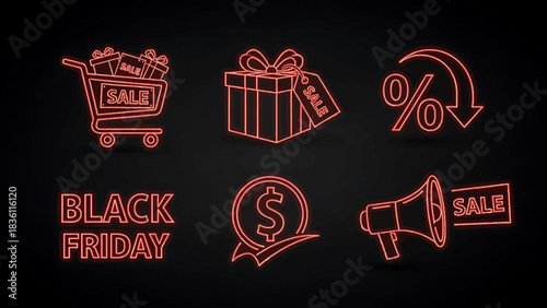 Black Friday Sale Icons with Shopping Cart, Gift Box, Discount, Dollar Sign, and Megaphone