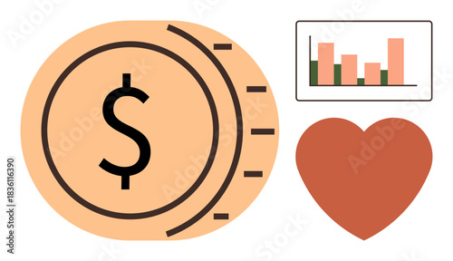 Dollar coin, bar chart indicating growth, and heart icon representing value, passion, and support. Ideal for finance, savings, growth compassion impact economics fundraising. Clean simple flat