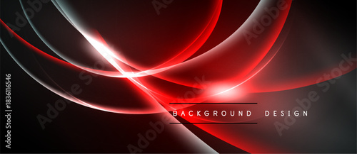 Abstract red lines create dynamic flow. Dark background emphasizes bright curves, glowing effect. Modern design element.