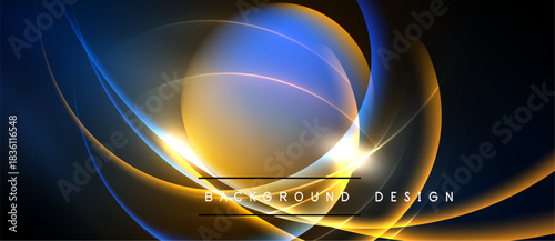 Abstract design features flowing lines, vibrant blue, gold hues. Dark background emphasizes luminous curves, creating dynamic visual effect.
