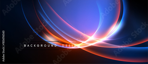 Abstract flowing lines, vibrant blues, oranges, light effects create dynamic background design. Dark space dominates composition.