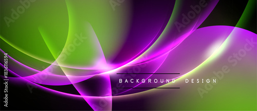 Abstract vibrant curves, purple, green hues dominate design. Smooth lines create dynamic flow, black background contrasts brightly.