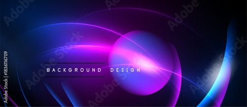 Abstract neon lights create dynamic curves, circles. Dark background emphasizes vibrant purple, blue gradients. Modern design element.