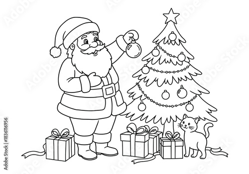 Cheerful Santa Claus coloring page with Christmas tree, ornaments, and playful cat