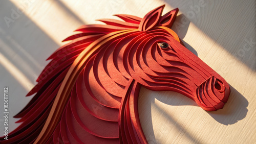 Chinese new year 2026 decor. Layered red paper horse icon with creative design and shadow play